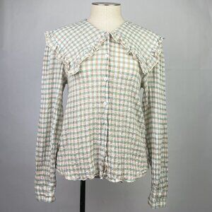 Mango Gingham Top Blouse Womens Long Sleeve Size XS Button Down Peter Pan Collar